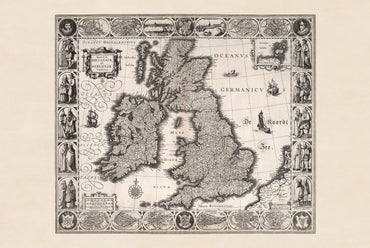 Stampa mappa Isole Britanniche 1630 - Illustrazione di città storiche e abiti regionali tradizionali