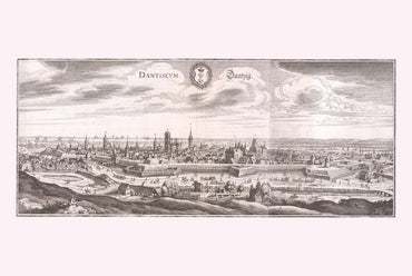 1652 Danzig Karte Poster - Gdańsk Vogelperspektive Stadtplan mit Befestigungen und Fluss Motława