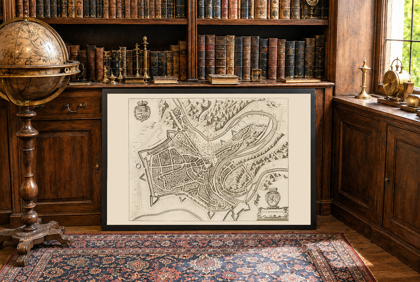 Poster mappa del Lussemburgo 1652 - Pianta panoramica della città con fortificazioni