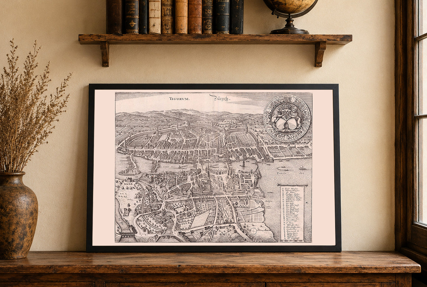 Affiche Plan de Zurich 1654 - Plan panoramique de la ville avec la Limmat et le lac de Zurich