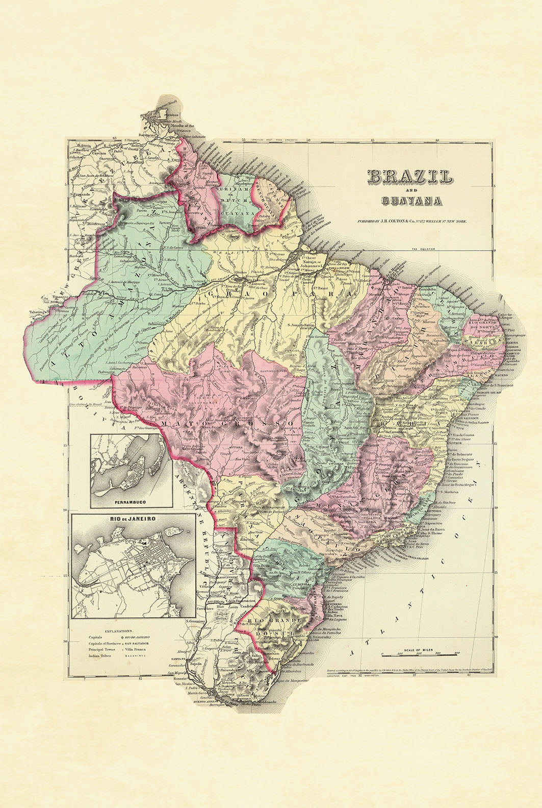 Poster mappa di Brasile e Guayana 1856 - Regioni colorate a mano con dettaglio di Rio de Janeiro