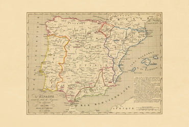 Espagne Médiévale 1212–1492 – Reconquista – Antoine Philippe Houze 1844 – Affiche Carte Historique