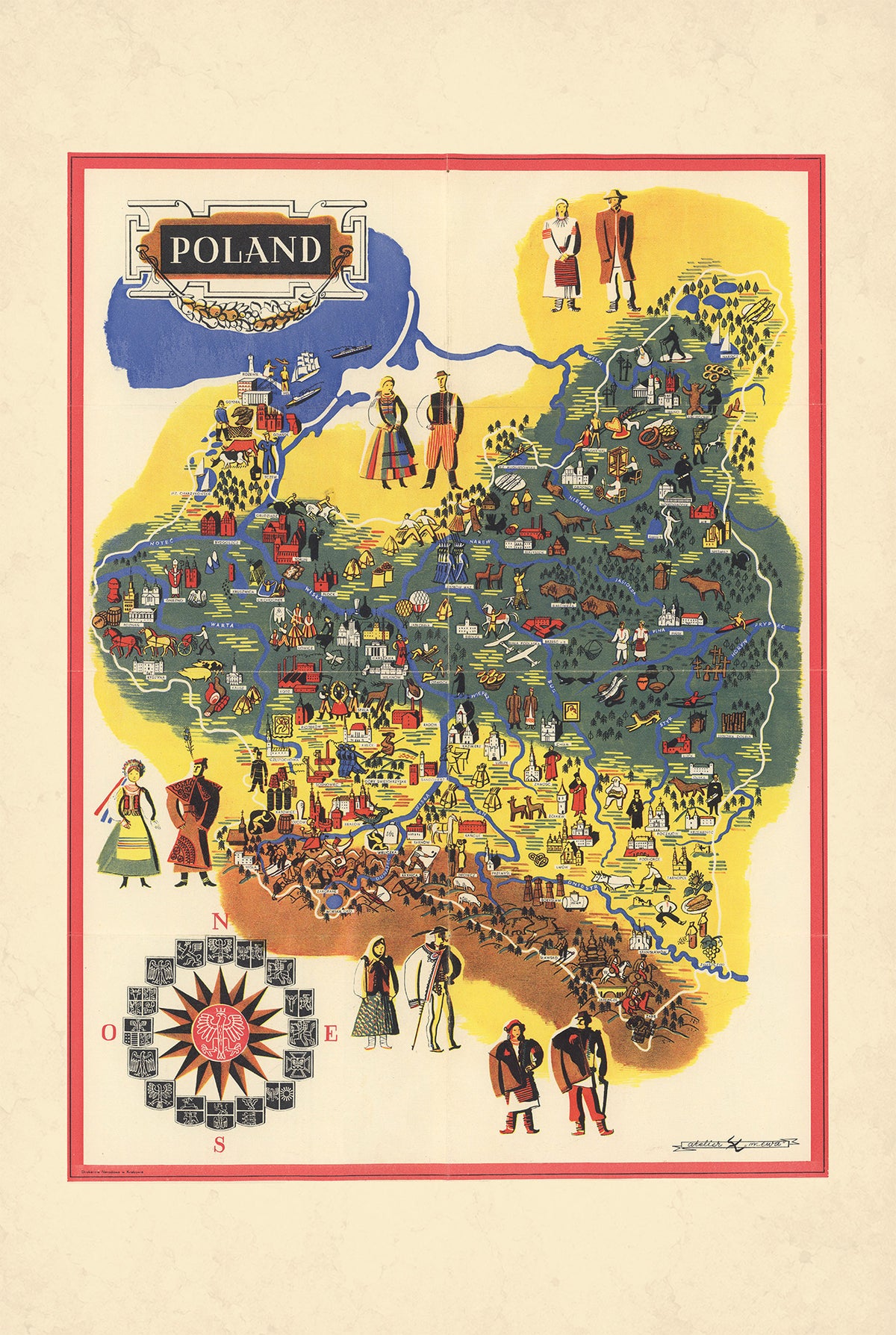 Poland 1935 - Atelier Mewa - Vintage Polish Pictorial Map Poster