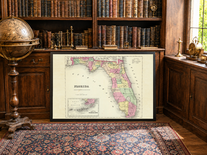 1856 Florida Karte Poster - Handkolorierte Landkreis-Karte mit detaillierten Grenzen