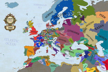 Stampa Mappa Europa 1444 - Mappa Politica Medievale Post-Varna