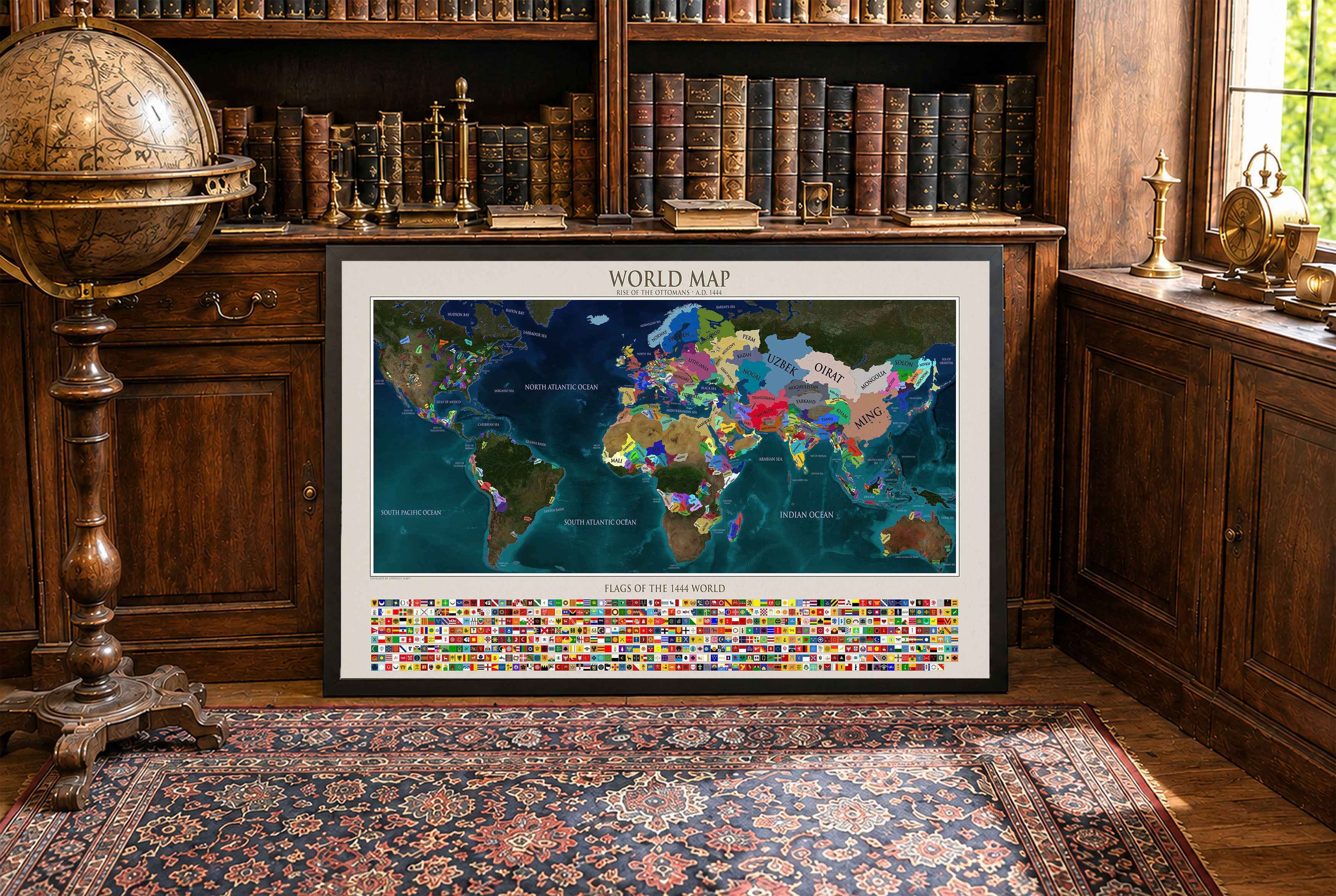 1444 World Map Poster - Political Map with Historical Countries & Flags
