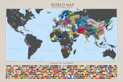 1444 World Map Poster - Political Map with Historical Countries & Flags