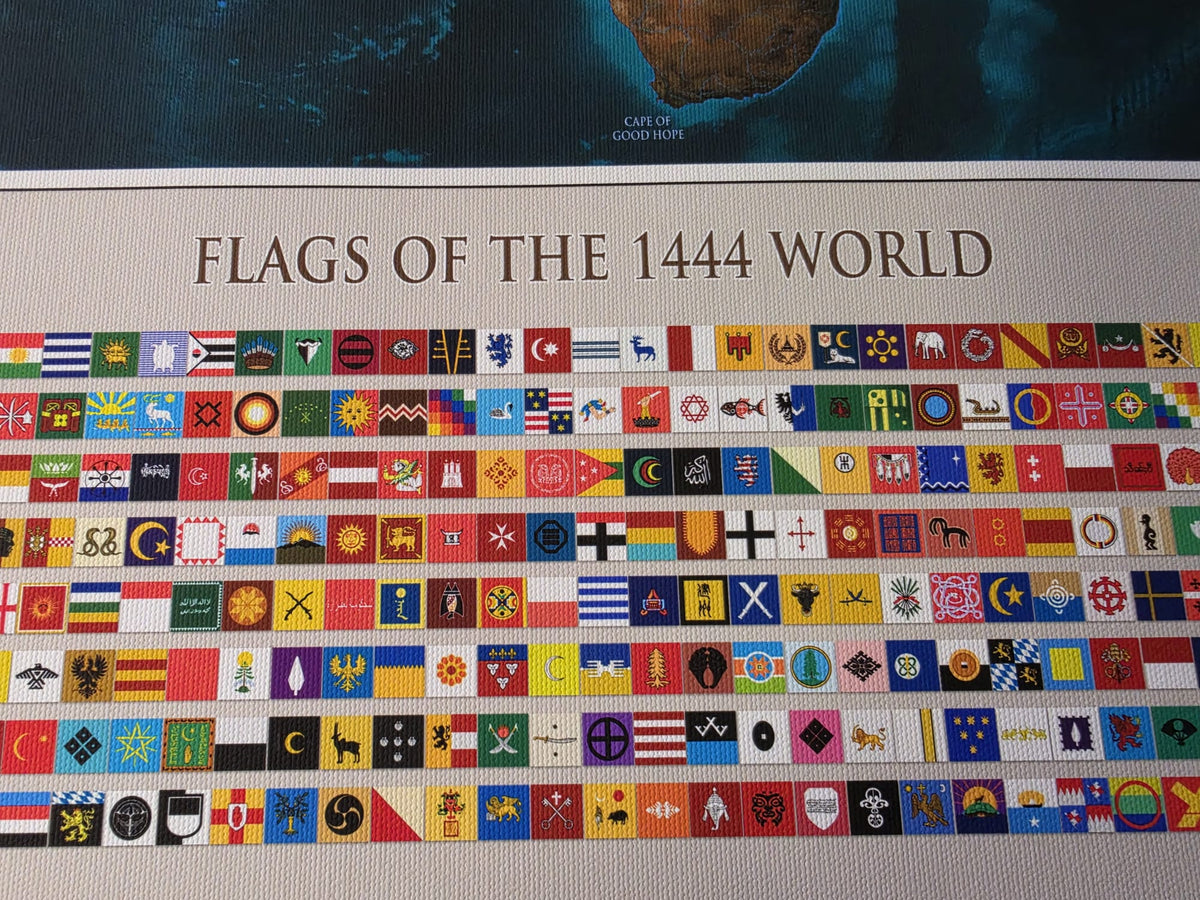 1444 World Map Poster - Political Map with Historical Countries & Flags