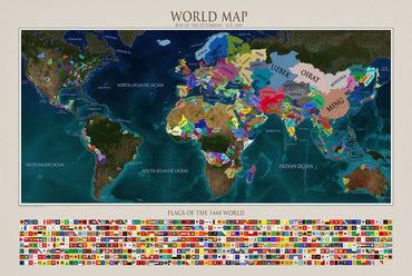 1444 World Map Poster - Political Map with Historical Countries & Flags