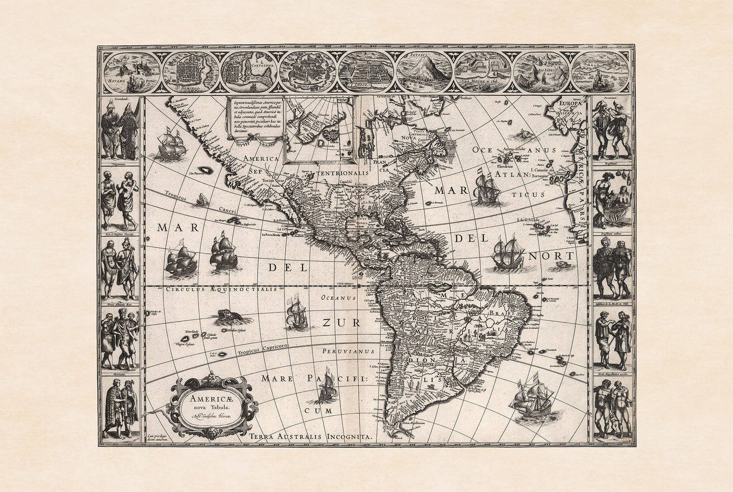 Póster del mapa de las Américas 1630 - Americae Nova Tabula con ciudades clave y vestimenta cultural