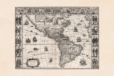 1630 Amerika Kartenposter - Americae Nova Tabula mit wichtigen Städten und kultureller Kleidung