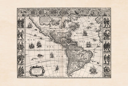 Póster del mapa de las Américas 1630 - Americae Nova Tabula con ciudades clave y vestimenta cultural