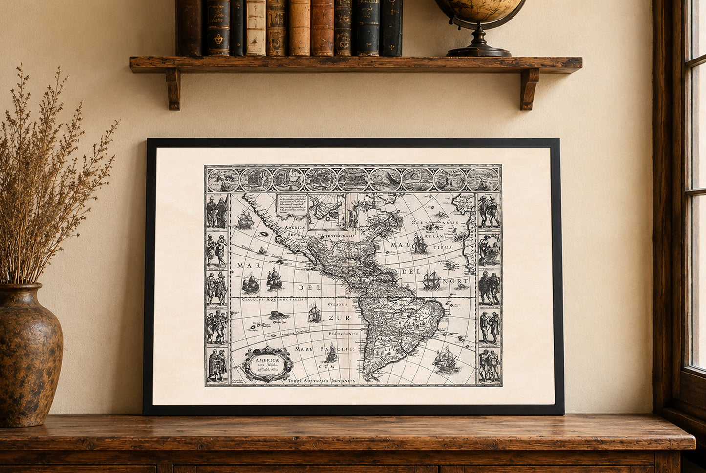 Póster del mapa de las Américas 1630 - Americae Nova Tabula con ciudades clave y vestimenta cultural