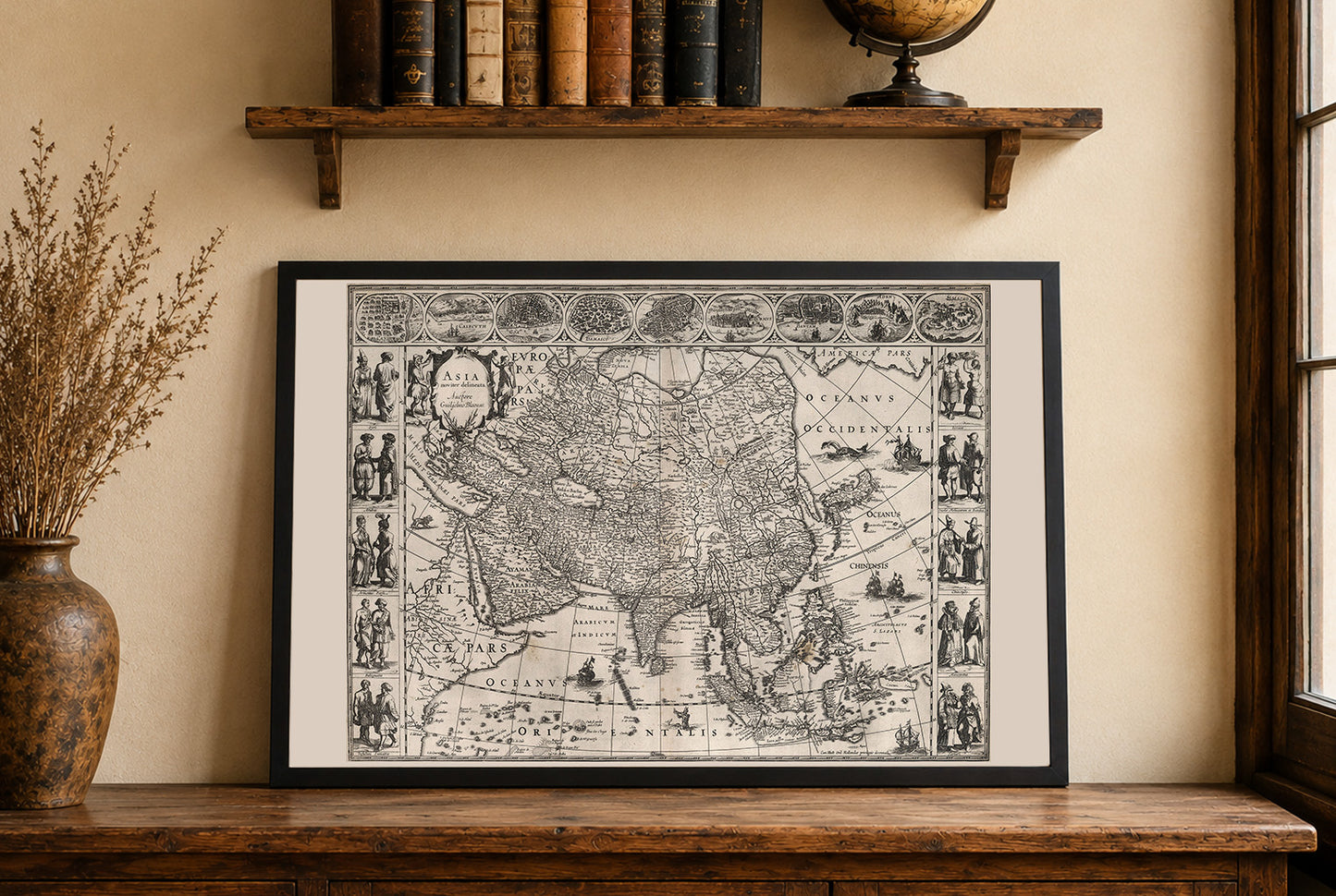 Póster del mapa de Asia 1630 - Asia Noviter Delineata con ciudades clave y vestimenta cultural