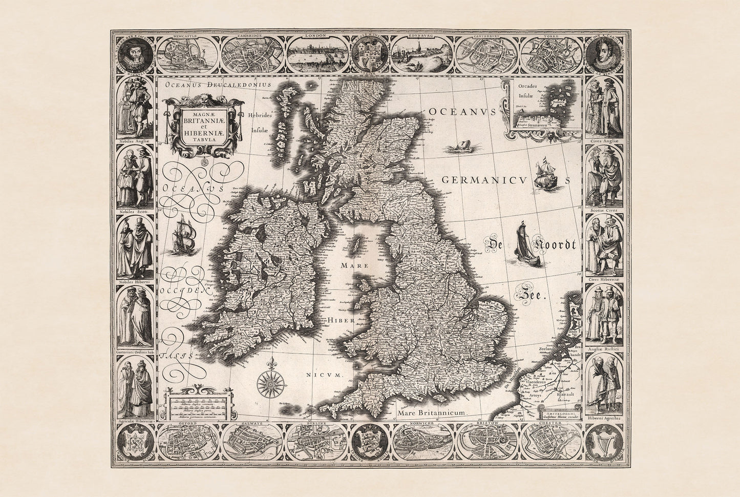1630 Vintage Mapa Wysp Brytyjskich - Ilustracja Historycznych Miast i Tradycyjnych Strojów Regionalnych