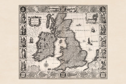 1630 Vintage Mapa Wysp Brytyjskich - Ilustracja Historycznych Miast i Tradycyjnych Strojów Regionalnych