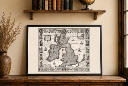 1630 Vintage Mapa Wysp Brytyjskich - Ilustracja Historycznych Miast i Tradycyjnych Strojów Regionalnych