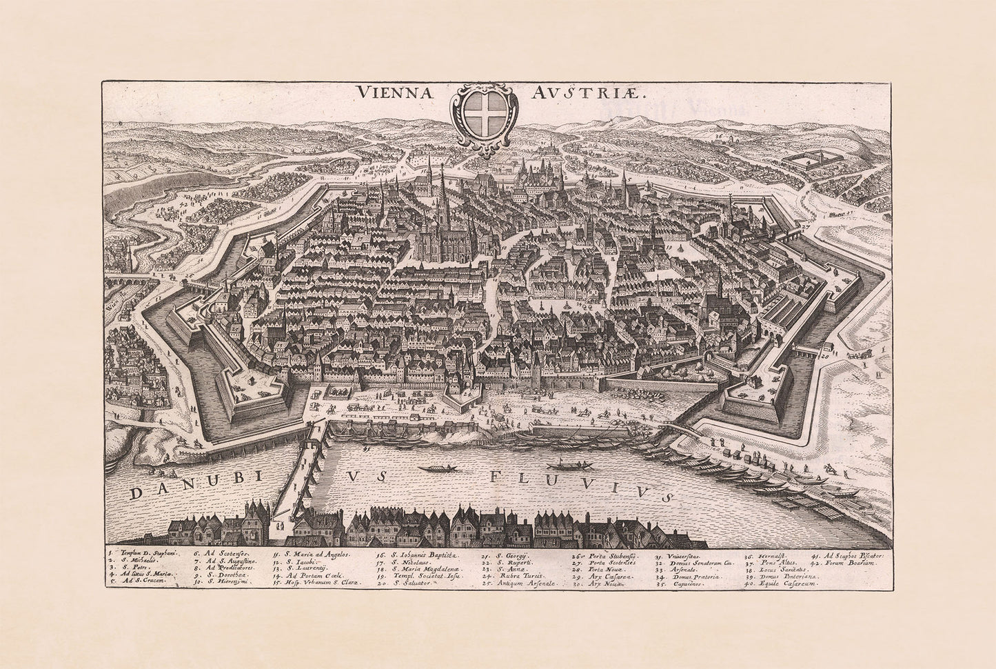 Mapa de Viena 1649 impreso por Matthäus Merian - Grabado vintage de la ciudad de Austria