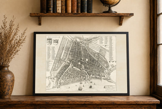 Cartel del Mapa de Róterdam 1652 - Plano Panorámico Detallado de la Ciudad con Calles y Vías Fluviales