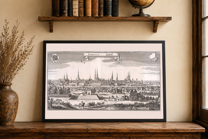 Poster mappa di Lubecca 1653 - Pianta panoramica dettagliata della città con architettura anseatica