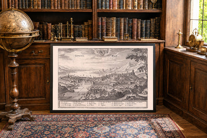 Affiche - Plan de Genève 1654 - Vue panoramique à vol d'oiseau avec le lac Léman et les principaux monuments