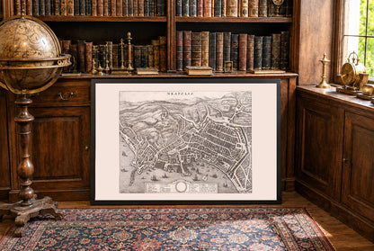 Affiche Carte de Naples 1688 - Plan de la ville côtière de Neapolis avec détails du port, des rues et des collines