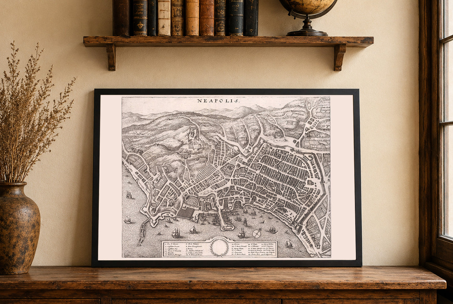 Affiche Carte de Naples 1688 - Plan de la ville côtière de Neapolis avec détails du port, des rues et des collines