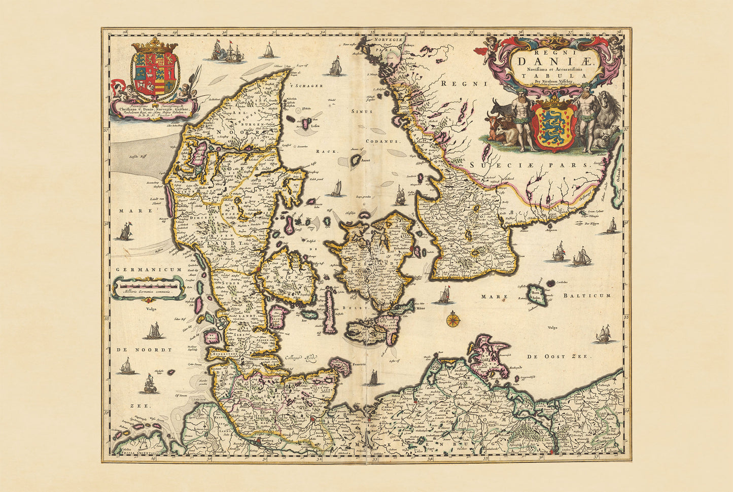 Stampa mappa Danimarca 1690 - Illustrazione dei confini storici del regno