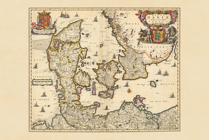 Stampa mappa Danimarca 1690 - Illustrazione dei confini storici del regno