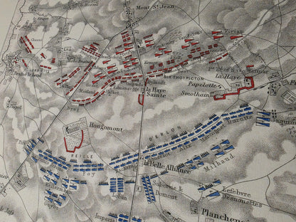1815 Schlacht von Waterloo Kartografie-Druck - Historischer Militärplan mit Armeeformationen