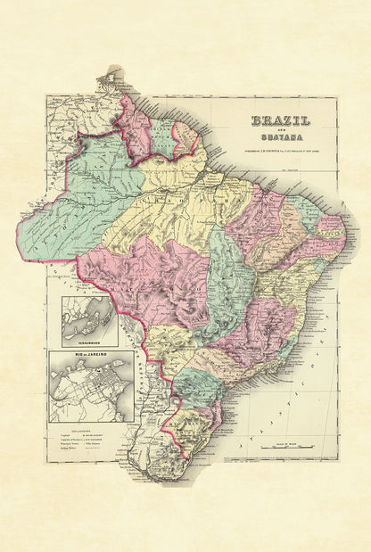 1856 Brasilien und Guayana Karte Poster - Handkolorierte Regionen mit Rio de Janeiro Detail