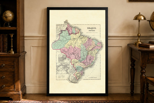Cartel del Mapa de Brasil y Guayana 1856 - Regiones Coloreadas a Mano con Detalle de Río de Janeiro
