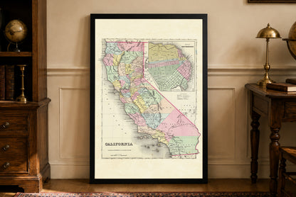 1856 Kalifornien Kartografie Druck - Vintage-Karte mit Landkreisgrenzen und San Francisco Inset