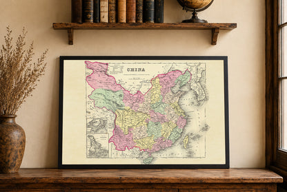 1856 Chiny Druk kartograficzny - zabytkowa mapa z podziałami prowincjonalnymi i szczegółami atlasu