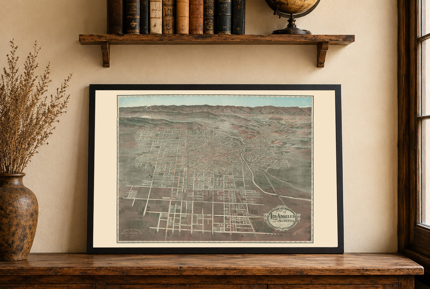 Affiche de carte de Los Angeles 1906 - Plan panoramique de la ville avec rues et lignes de chemin de fer