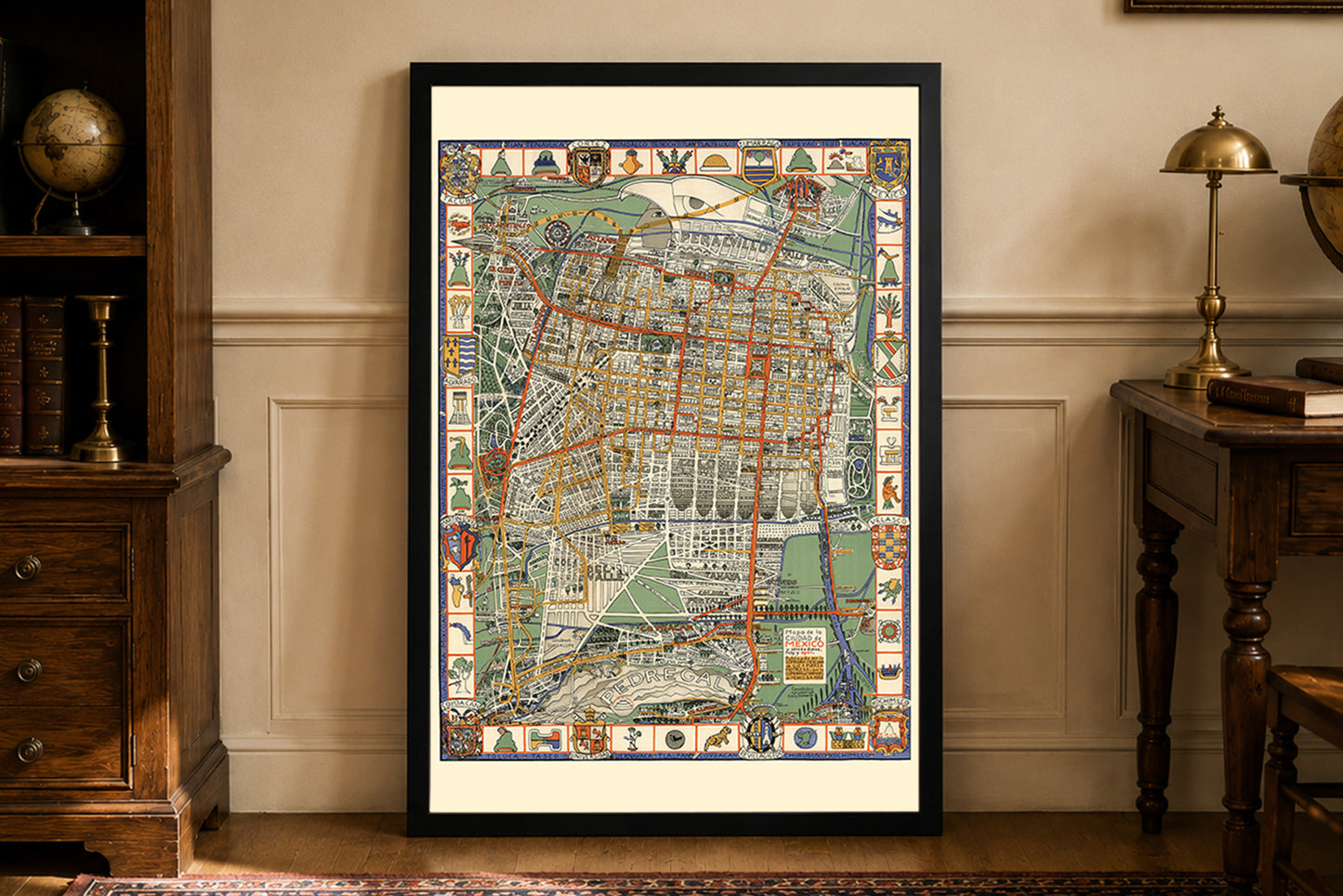 Cartel del Mapa de Ciudad de México 1932 - Plano Decorativo Pictórico con Símbolos Aztecas
