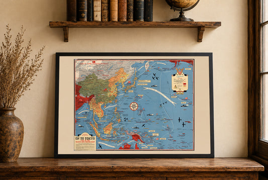 Poster mappa del teatro del Pacifico 1944 - Stampa illustrata della Seconda Guerra Mondiale dell'Asia e del Pacifico verso Tokyo