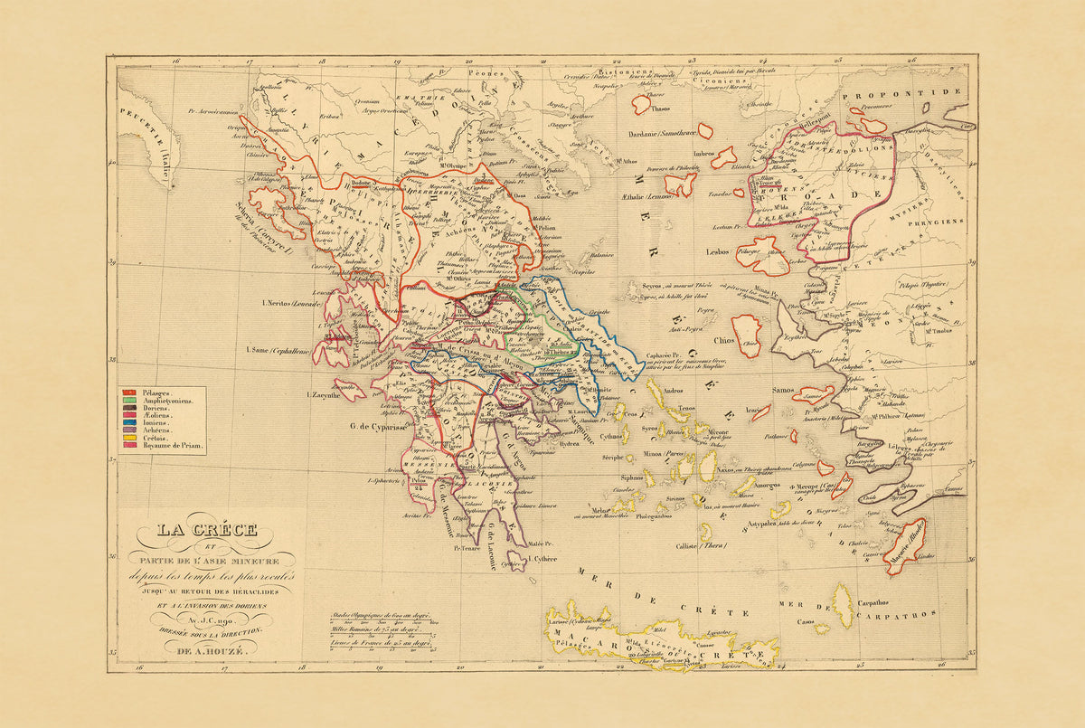 Grèce Antique & Asie Mineure 1190 av. J.-C. – Houze 1844 – Affiche Carte Historique