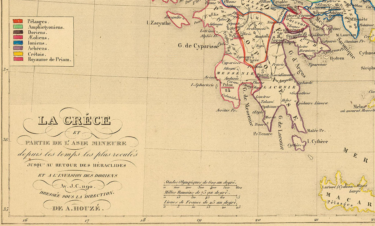 Grèce Antique & Asie Mineure 1190 av. J.-C. – Houze 1844 – Affiche Carte Historique