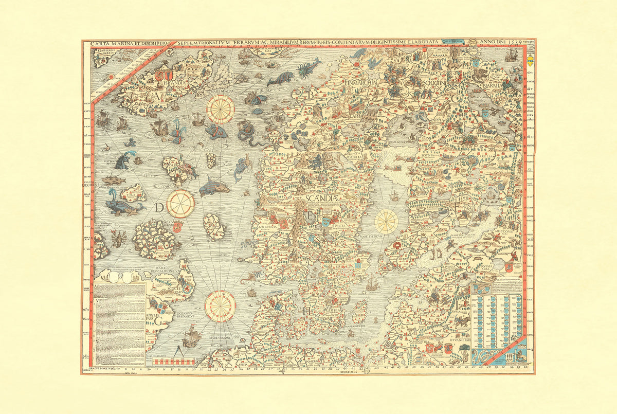 Carta Marina 1539 - Olaus Magnus - Scandinavia & Nordic Sea Monsters Historical Map Poster
