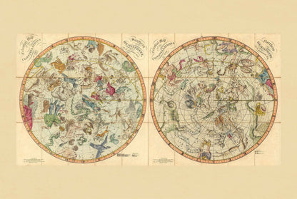 Celestial Constellation Map Poster (1820) - Vintage Northern & Southern Hemisphere Star Chart (Copy)