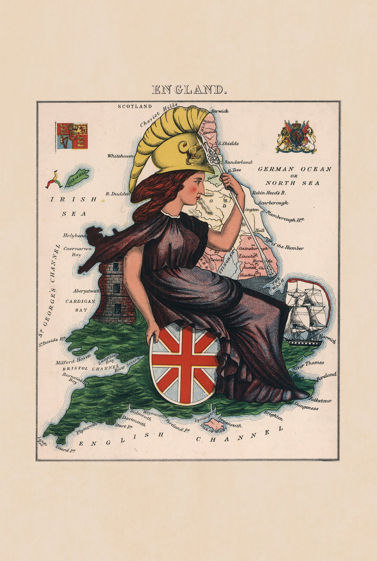 Angleterre 1868 – Lilian Lancaster – Britannia – Affiche Carte Satirique Illustrée