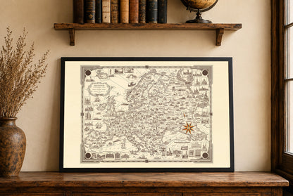 Europe Pictorial Map Poster (1938) - Vintage European Landmarks Wall Art