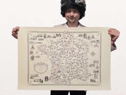 Plakat z Ilustrowaną Mapą Francji (1935) - Vintage Dekoracja Ścienna z Francuskimi Zabytkami