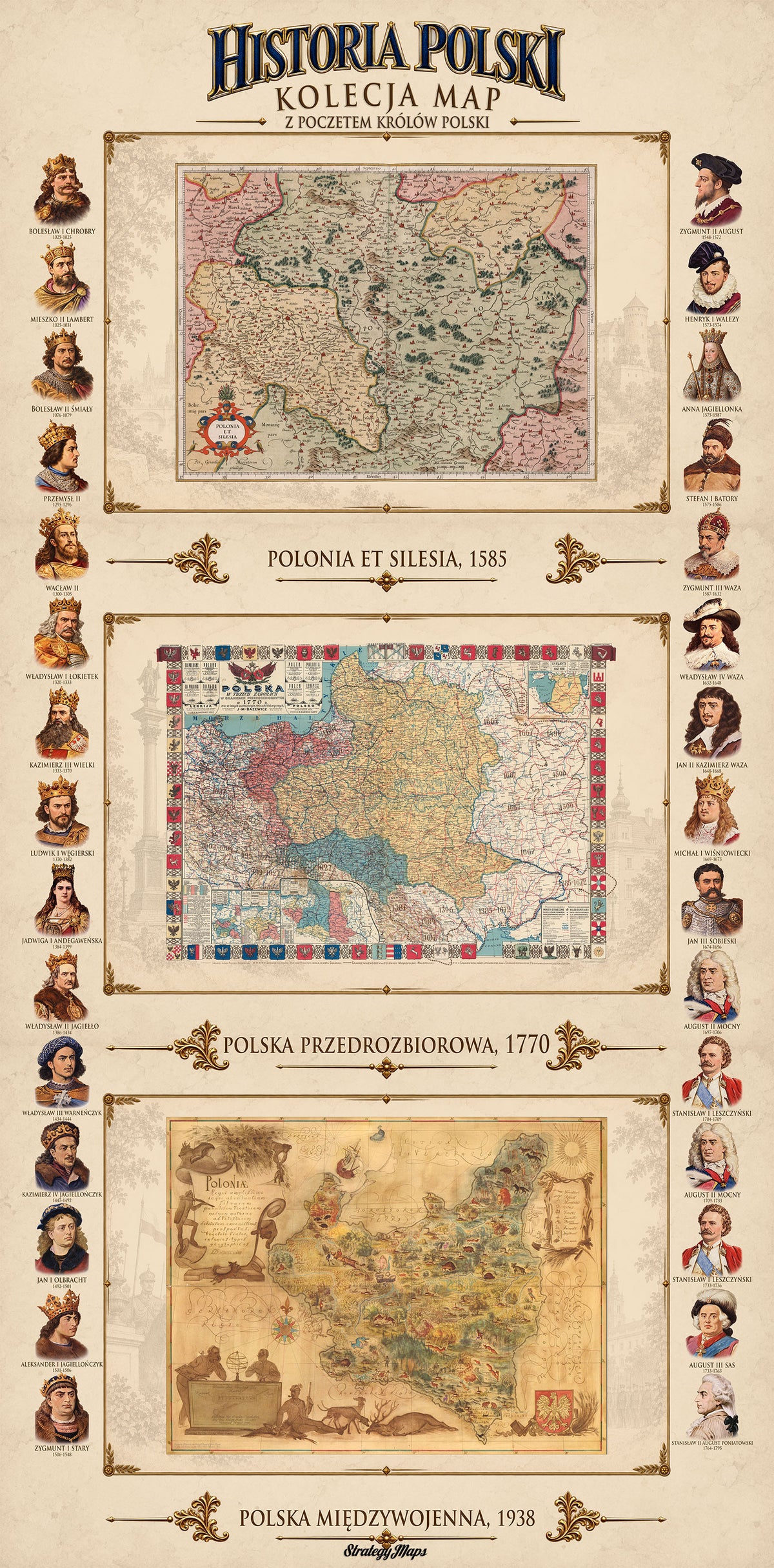 History of Poland Collection - 3 Historical Maps & Polish Rulers - Map Poster