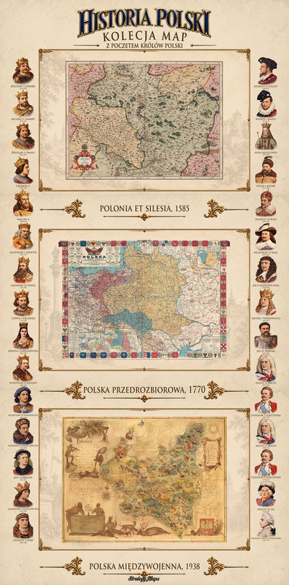 History of Poland Collection - 3 Historical Maps & Polish Rulers - Map Poster