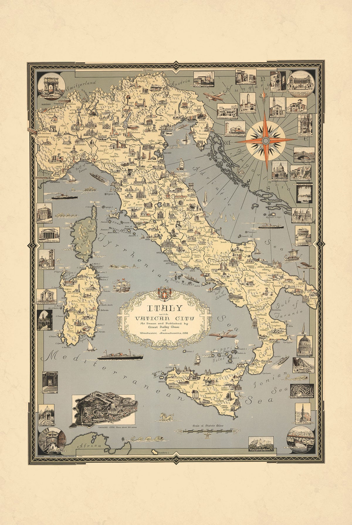 Italie & Vatican 1935 - Ernest Dudley Chase - Affiche Carte Illustrée