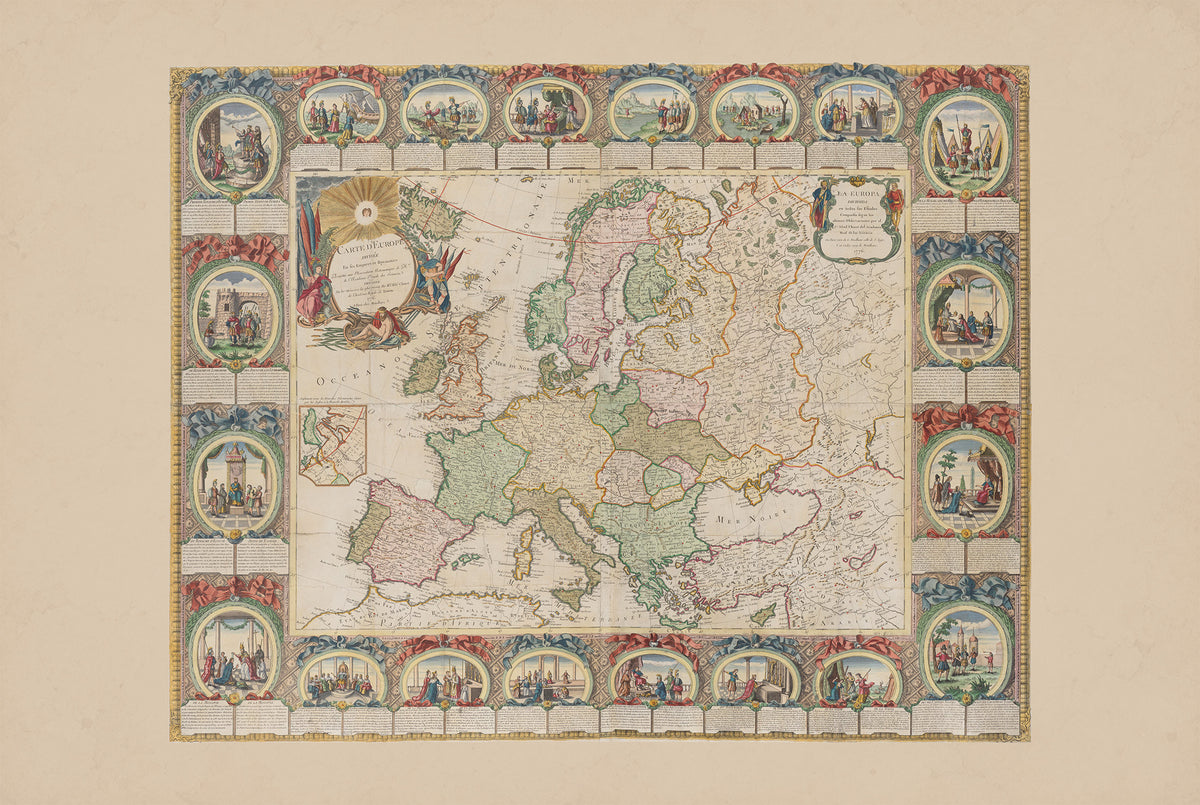 Map of Europe 1776 - 24 Historical Scenes - Jean Baptiste Louis Clouet Historical Map Poster
