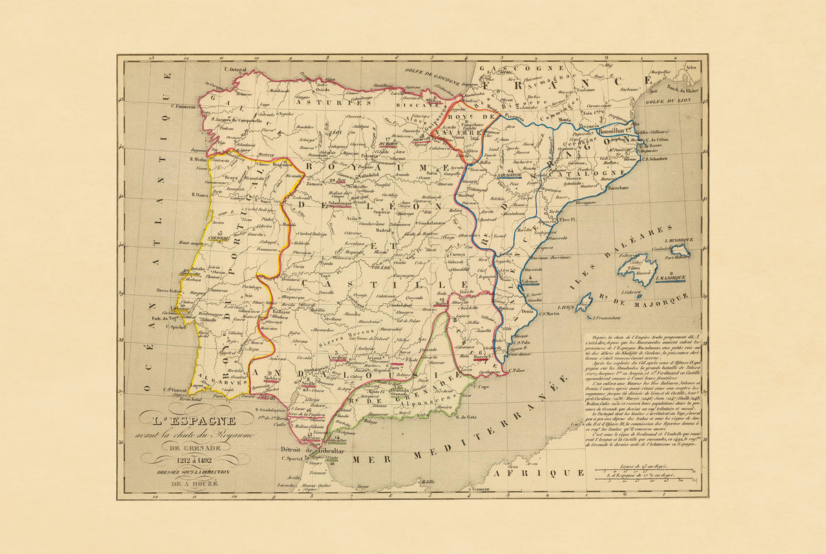 Medieval Iberia 1212-1492 - Reconquista - Antoine Philippe Houze 1844 Historical Map Poster