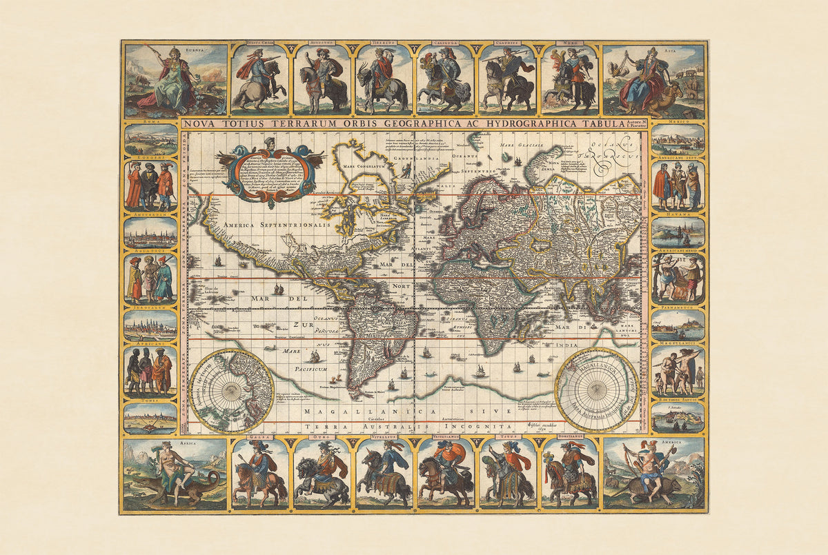 Nova Totius Terrarum Orbis 1652 - Roman Emperors - Nicolaes Visscher Historical World Map Poster